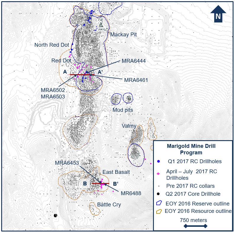 Figure 3. Drillhole location plan map for the exploration drill programs at the Marigold mine, Nevada, U.S. during the Exploration Period. (CNW Group/SSR Mining Inc.)